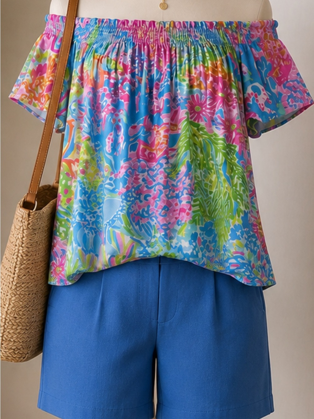 Lilly Pulitzer Off-Shoulder Floral Top in Blue, Pink & Green